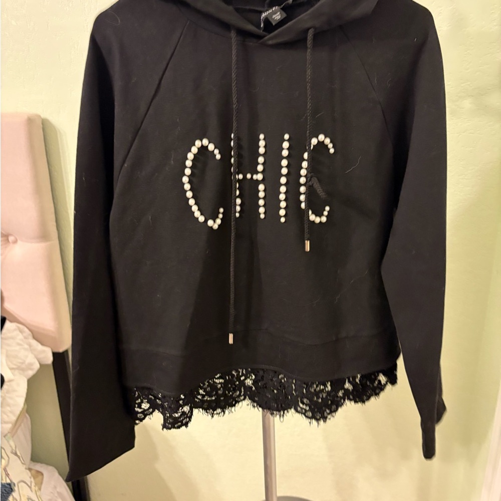 Boston Proper Black Hoodie with Lace Hem